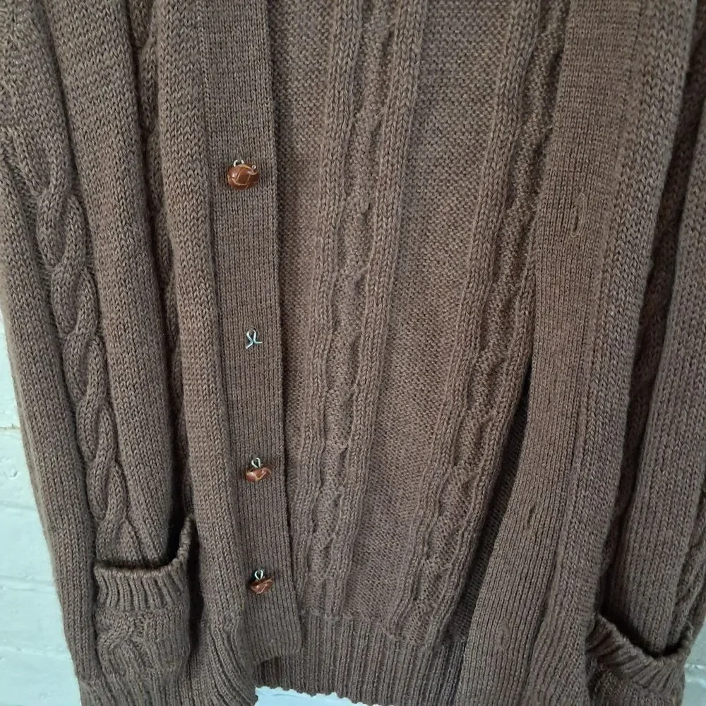 Vintage Mark Shale 100% Wool Brown Cableknit Cardigan Vest Sweater Brown Mens L